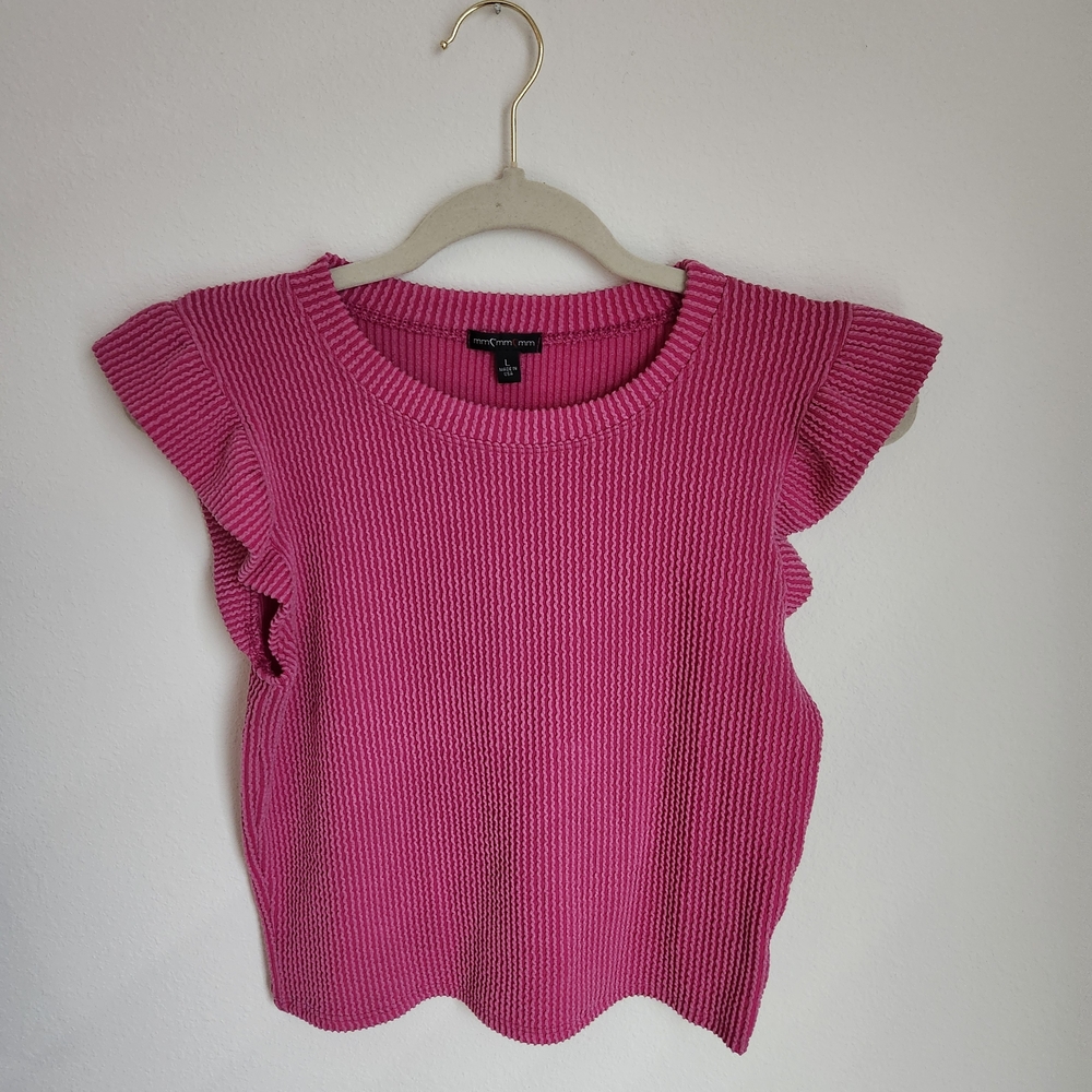 Bright Pink Ribbed Ruffle Sleeve Cropped Knit Top